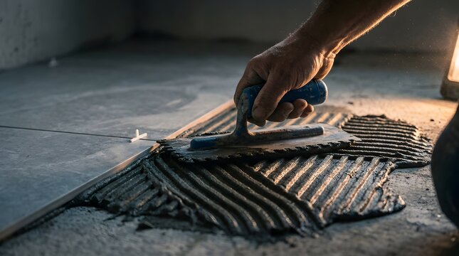 Close Up Hand Applying Tile Adhesive with Notched Trowel on Concrete Floor