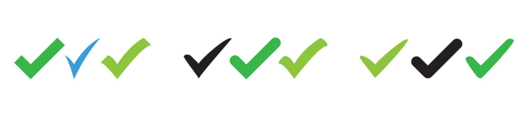 Double check icon tick symbol confirmation, approval, success icons. Check mark icon. Single and double ticks. Confirmation and read message status symbol. Used in chat, tasks, and notifications sign.