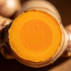 Turmeric Root Cut Cross Section Close Up Bright Orange Color Antioxidant Spice Ingredient Texture Healthy Fresh Background Root Veggie