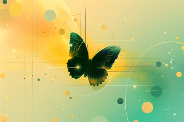 Graphic design poster with Y2K aesthetic featuring layered transparent overlays, stylized butterfly silhouettes