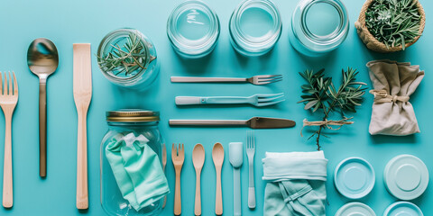 Top-view editorial flat lay composition of reusable sustainable items arranged aesthetically, including glass jars, bamboo utensils, cloth bags,