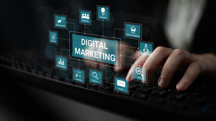 Digital marketing dashboard connecting data analytics, social media, SEO, and content strategy to improve business growth and customer engagement. Parse