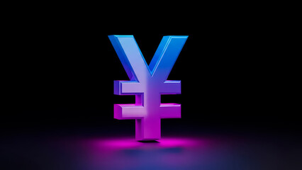 Obraz premium Neon lit Yen or Yuan currency symbol glows with blue and pink light.
