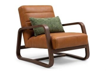Modern brown leather armchair with green pillow