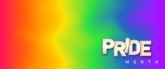 LGBTQ pride month. Pride text label on blurred rainbow background. Human rights or diversity concept. LGBT event banner design template.