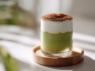 A refreshing layered matcha latte served in a clear glass on a wooden coaster