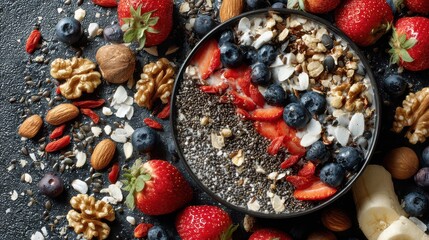 Fresh chopped walnuts, almonds, chia seeds, sunflower seeds, superfood smoothie bowl, antioxidant-rich fruits, colorful textures, trendy healthy snack, Instagramable food, commercial use, top view