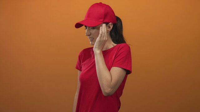 Young woman wearing red cap and red t shirt touching her ear with a slight grimace in orange studio side profile; discomfort.