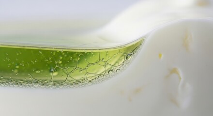Abstract Green Liquid with Bubbles and White Background in Detailed Macro