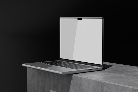 Minimal Laptop Mockup on Concrete Pedestal with Dark Background, Modern Technology Display
