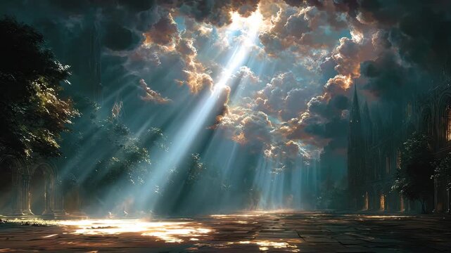 Heavenly light shining on an ancient gothic courtyard ideal for spiritual faith and epic fantasy backgrounds.