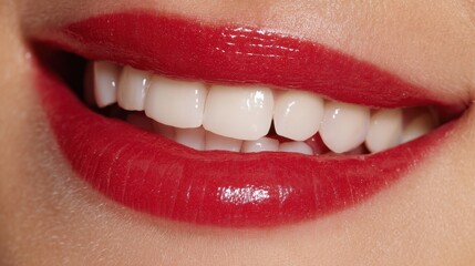 Bright red lipstick on smiling female with perfect teeth.