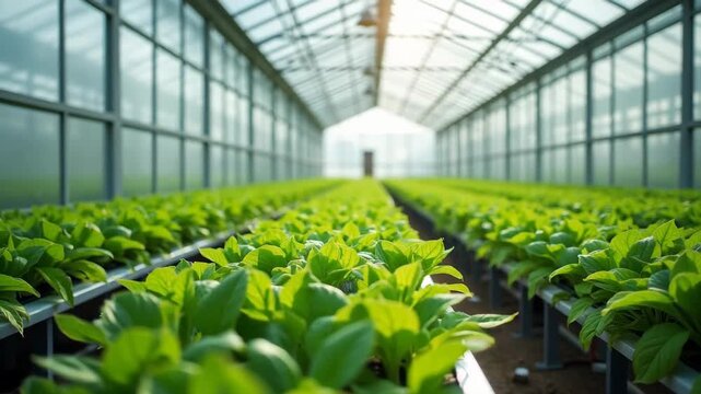 Modern greenhouse interior with rows of hydroponic plants, controlled agriculture, transparent glass panels, green leafy growth, sustainable farming technology, organized cultivation