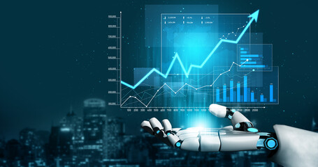A robotic hand presents vibrant financial growth charts against a dark city skyline, illustrating...