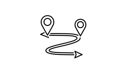 Obraz premium Black and white line icon illustrating a complex winding route between two distinct map location pins with directional arrows.