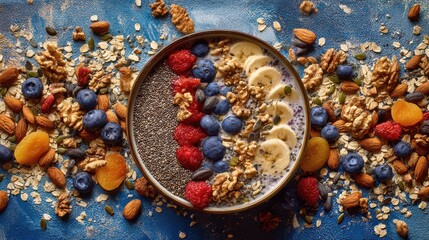 Fresh chopped walnuts, almonds, chia seeds, sunflower seeds, superfood smoothie bowl, antioxidant-rich fruits, colorful textures, trendy healthy snack, Instagramable food, commercial use, top view