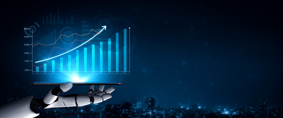 A futuristic robot hand presents a digital tablet showcasing a financial growth chart, illustrating technology and innovation against a dark city skyline at night. Scalp