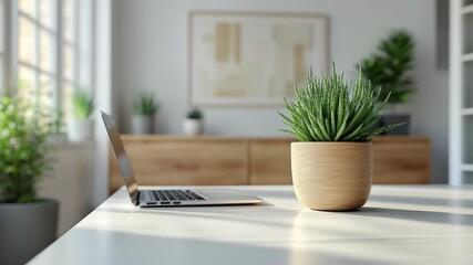 Clean home office with a laptop and plant on a sunlit desk ideal for remote work and productivity backgrounds.