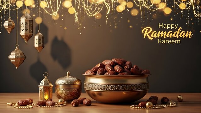Dates and lanterns on a table with glowing bokeh lights in background and happy ramadan kareem text