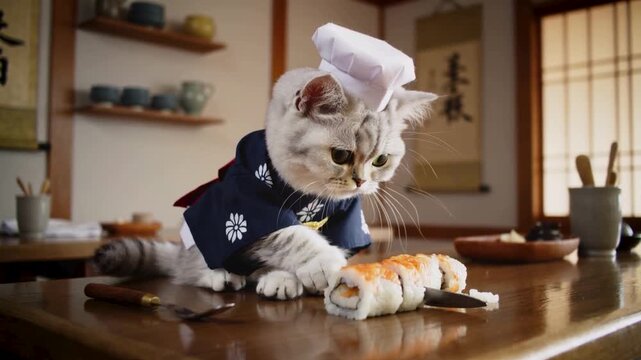 A grey tabby cat wearing a chef hat and blue kimono prepares a sushi roll on a wooden counter in a traditional kitchen settin