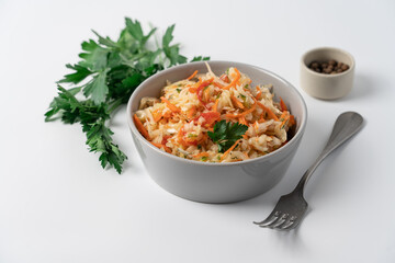Fresh Coleslaw Salad in Gray Bowl on White Background, Healthy Food Concept