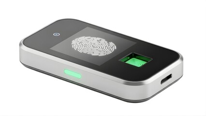 A sleek fingerprint scanner with a green light on a transparent background