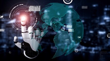 A futuristic robotic hand reaches towards a digital globe, symbolizing the intersection of technology and global data visualization in a modern world. Xenic