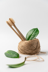 Zero Waste Concept with Bamboo Toothbrushes Wrapped in Natural Twine and Green Leaves on White Background with Copy Space