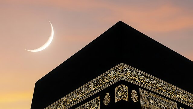 Kaaba in Mecca with crescent moon and golden Arabic calligraphy on sky background