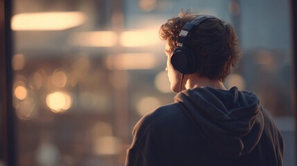 Fototapeta premium Young caucasian male listening to music with headphones at sunset.