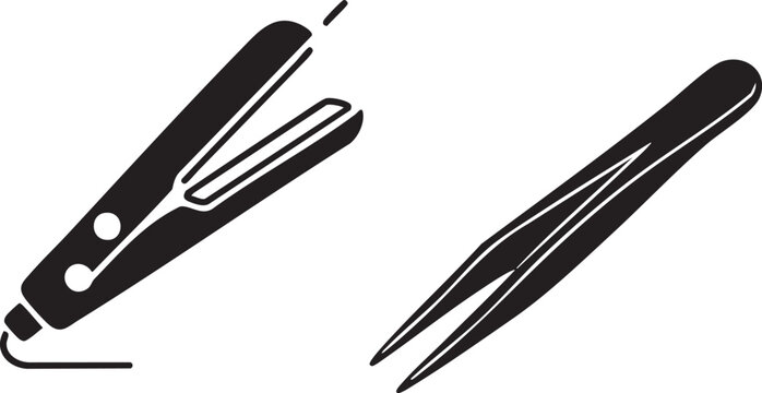 Black Silhouette Hair Straightener and Tweezers Icon Set &ndash; Beauty Tools Vector Illustrations on White Background