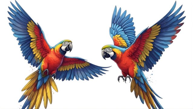 Two vibrant parrots flying in mid-air on transparent background