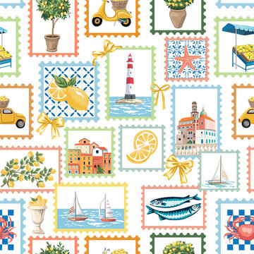Amalfi, lemon branch, boat, lighthouse, sardine fish, crab, Italian town, bow in the frames seamless pattern. Summer resort postage stamp.	