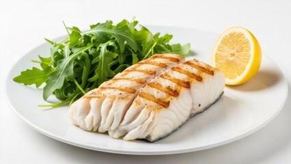 Grilled white fish fillet on plate with arugula and lemon. Healthy balanced meal for diet. Seafood dish for restaurant menu.