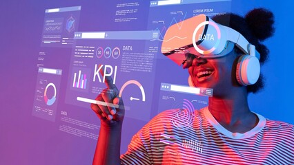 Young woman enjoys virtual reality experience while interacting with data visualization in a vibrant digital environment showcasing futuristic technology Gluon.