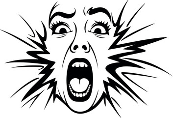 Black and white expressive woman face screaming in shock and disgust emotion isolated on white background