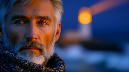 Portrait of a wise senior man with a lighthouse ideal for financial guidance and retirement planning ads.