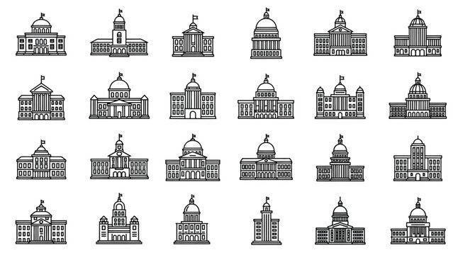 Collection of detailed black and white illustrations of various capitol buildings