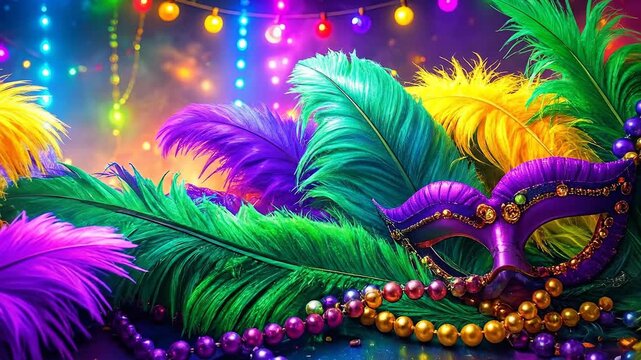Festive Mardi Gras celebration with colorful feathers, beads, and a decorative mask.