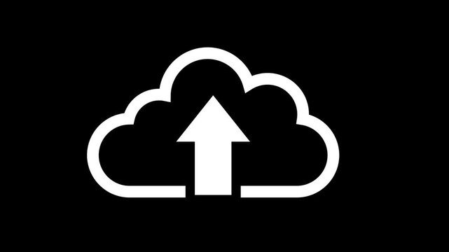 White cloud upload icon with moving upward arrow animation on black background