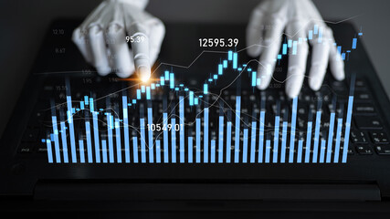 A person analyzing financial data on a laptop, featuring vibrant graphs and charts displaying market trends, tracking stock performance and analysis. Scalp