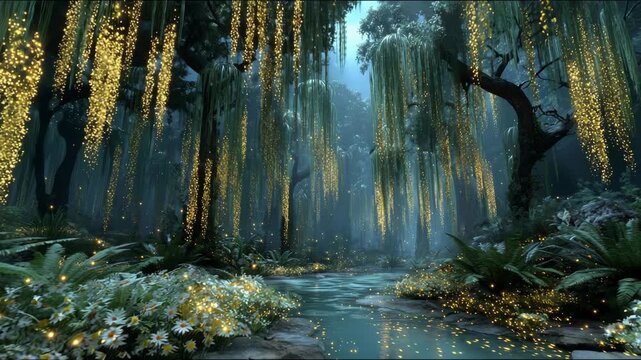 Magical forest with glowing willow trees and sparkling river ideal for fantasy game backgrounds and meditation videos.
