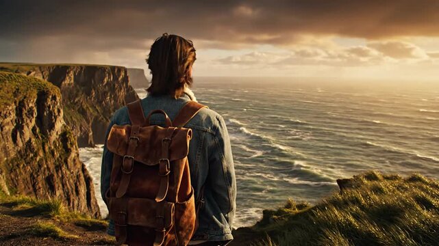 Traveler with leather backpack overlooking dramatic coastal cliffs at sunset