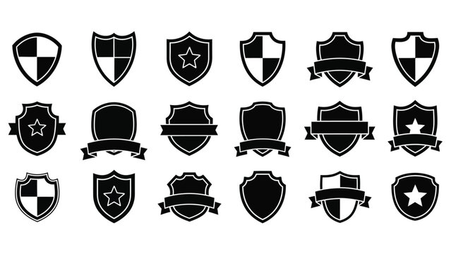 Collection of various black shield icons with different designs and emblems