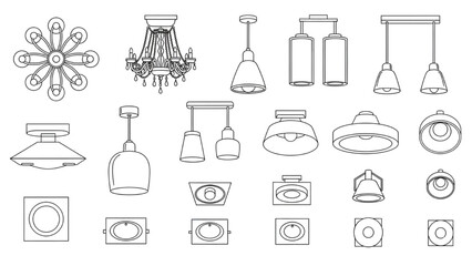 Vector Reflected Ceiling Plan Lighting Symbols Featuring Chandelier and Recessed Light CAD Blocks