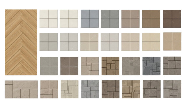 Flat Vector Top View Architectural Flooring Texture Set Featuring Herringbone Wood and Stone Patterns