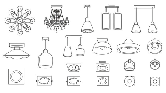 Vector Reflected Ceiling Plan Lighting Symbols Featuring Chandelier and Recessed Light CAD Blocks