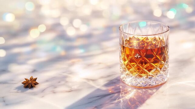 Luxury whiskey glass on sunlit marble table with festive bokeh lights cinematic background ideal for celebration and sophisticated lifestyle concepts