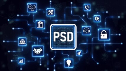 Digital PSD concept with glowing circuit board and icons for design and creativity Photoshop Document. 4k motion video on transparent background.