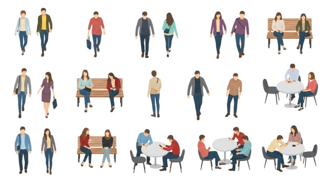 Flat Vector Architectural People Set Featuring Front, Side, and Rear Views for Elevations